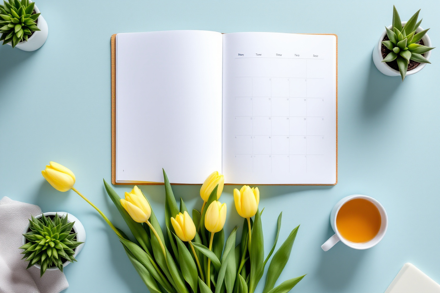 Open monthly planner and calendar with spring tulips on a desk